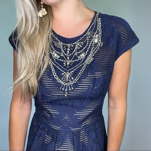 Lela Rose Navy Blue Jeweled Neck Full Skirt Dress - Picture 7 of 16